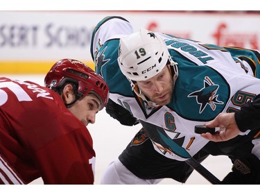 Joe Thornton #19 of the San Jose Sharks faces off against Boyd Gordon #15 of the Phoenix Coyotes during the NHL game at Jobing.com Arena on March 10, 2012 in Glendale, Arizona.