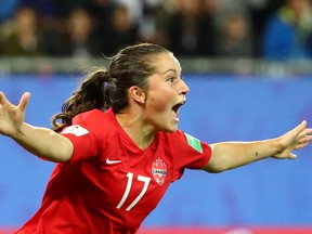 Londoner Jessie Fleming celebrates scoring Canada's first goal against New Zealand on June 15, 2019. It stood up as the winner in a 2-0 victory. (Reuters)