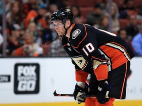 Corey Perry of the Anaheim Ducks spits out water during the third period of a preseason game against the San Jose Sharks at Honda Center on September 28, 2017 in Anaheim, California.  (Getty)