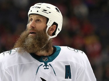 Joe Thornton #19 of the San Jose Sharks looks on against the Washington Capitals during the first period at Capital One Arena on December 4, 2017 in Washington, DC.