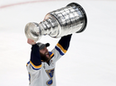 St. Louis Blues captain Alex Pietrangelo lifts the Stanley Cup.