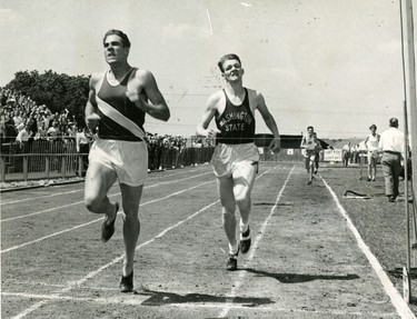 Bob McFarlane, doubles as a track star and football star for UWO. He is shown breaking the native Canadian record for the 880-yard race at the British Empire Games, 1949. (London Free Press files)