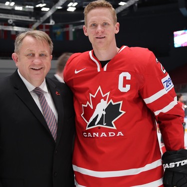 Photo of Bob Martin (left) and Corey Perry at 2016 world hockey championships in Russia. HANDOUT