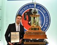 Evan Bouchard of the London Knights was presented with the Max Kaminsky Trophy as the Most Outstanding Defencemena at  the 2018-19 OHL Awards Ceremony at the Hockey Hall of Fame in Toronto on Wednesday June 5, 2019. (Photo by Aaron Bell/CHL Images)