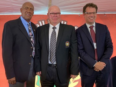 Former Toronto Blue Jays general manager Gord Ash, middle, was one of four inductees into the Canadian Baseball Hall of Fame Saturday in St. Marys. Also pictured are Fergie Jenkins, left, and hall board chair Adam Stephens.  (Cory Smith/Postmedia Network)