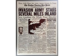 June 6, 1944 front page of The London Evening Free Press, with coverage of the D-Day landings on the Brittany coast of France.