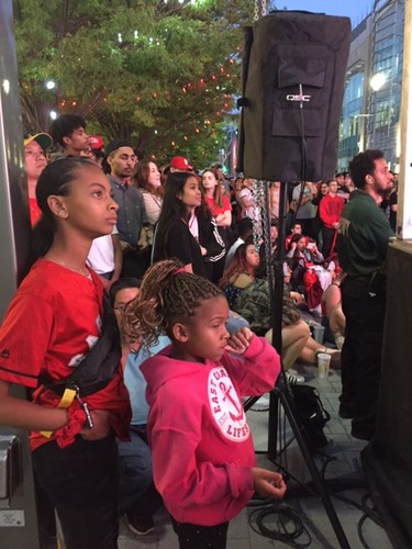 Londoners watch the Toronto Raptors-Golden State Warriors game on Friday, June 7, 2019 in downtown London. (Free Press staff)