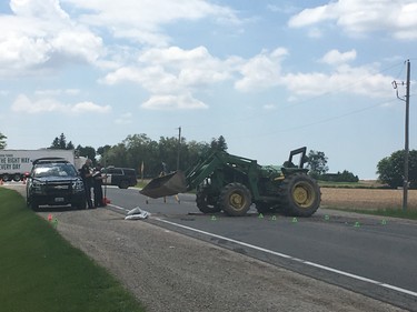 Two people were seriously injured Tuesday after colliding with a car on Elginfield Road, just east of Adelaide Street North, around 12 p.m., Middlesex OPP said. DEREK RUTTAN / THE LONDON FREE PRESS