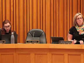 Thames Valley District school board trustee Jake Skinner's seat sat empty during a school board budget meeting Tuesday night. (MEGAN STACEY/The London Free Press)