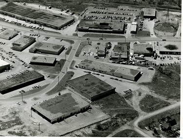 Industrial Mall on Adelaide Street S., looking west. Adelaide runs left to right, Leathorne Street in left foreground, 1972. (London Free Press files)