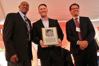 Former all-star outfielder Jason Bay was one of four inductees into the Canadian Baseball Hall of Fame Saturday in St. Marys. Also pictured are Fergie Jenkins, left, and hall of fame board chair Adam Stephens. (Cory Smith/Postmedia Network)