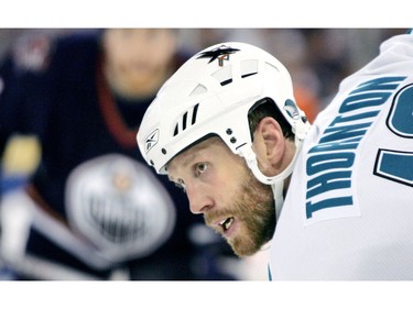 San Jose Sharks' Joe Thornton during overtime NHL action at Rexall Place.