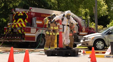 London police and firefighters are decontaminated after leaving a suspected drug lab in a townhouse complex on Hamilton Road near Gore Road,  Wednesday June 12, 2019. (Max Martin/The London Free Press)