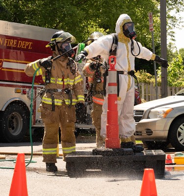 London police and firefighters had to be decontaminated after entering a suspected drug lab in a townhouse complex near London's eastern edge, on Hamilton Road near Gore Road. Photo taken Wednesday June 12, 2019. (Max Martin/The London Free Press)