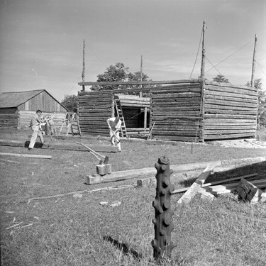 Barn raising at the Pioneer Village, LFP Aug 15, 1961. (London Free Press collection, Western University, Weldon Archives)