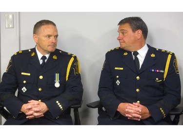 London police chief designate Steve Williams waits with current London Police chief John Pare before the announcement of Williams promotion. Photograph taken on Wednesday June 5, 2019.  Mike Hensen/The London Free Press/Postmedia Network