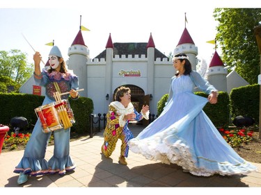 Alex Reis, Lolo Fernandes and Joseane Martins of Cirque du Soleil entertain in front of the castle at Storybook Gardens in Springbank Park on Wednesday June 12, 2019.  Mike Hensen/The London Free Press/Postmedia Network