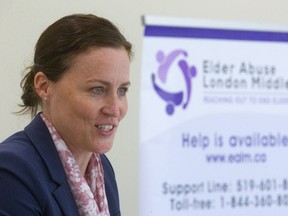 London police Det. Amanda Pfeffer speaks Friday after receiving the Brian Young Award for efforts to combat elder abuse as part of her work fighting financial crime. (Mike Hensen/The London Free Press)