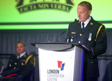 New London police chief Steve Williams makes his first comments as chief during the change of command ceremony at the London Convention Centre  on Wednesday June 19, 2019 as he becomes the 20th London police chief. Mike Hensen/The London Free Press/Postmedia Network