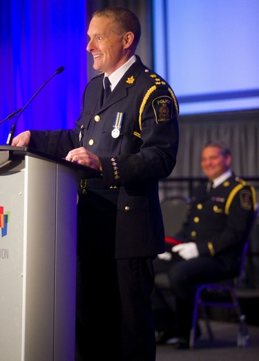 London's new police chief, Steve Williams, makes his first public comments as chief during the change of command ceremony at RBC Place London (formerly London Convention Centre) on Wednesday. (Mike Hensen/The London Free Press)