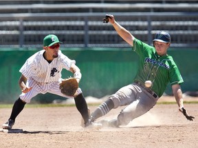London Majors second basemen Yuki Yasuda makes the catch to force out Welland Jackfish runner Brendon Dadson on a fielder's choice in the seventh inning of a recent ball game at Labatt Park in London. (Derek Ruttan/The London Free Press)