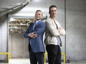 Motif co-founders Ian Haase, left, and Mario Naric stand in a section of the Elgin Innovation Centre, the site of the former Imperial Tobacco plant in Aylmer, where they're building a cannabis extraction operation. (DALE CARRUTHERS, The London Free Press)