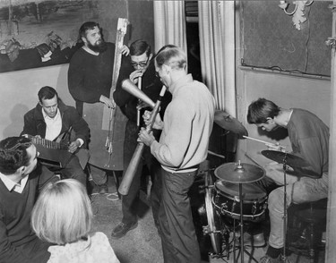 The Nihilist Spasm Band in 1966 playing at the York Hotel. From left are Murray Favro with guitar, Hugh McIntyre, Archie Leitch, Art Pratten and Greg Curnoe on drums. (London Free Press files)