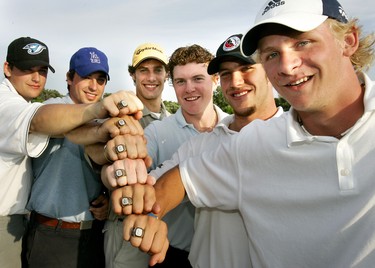 The Knights handed out their championship rings to the 2004-2005 Memorial Cup winning team Wednesday evening at Fire Rock Golf Course near Komoka.; From left Bryan Rodney, Dylan Hunter, Daniel Girardi, captain Danny Syvret, Londoner Brandon Prust and Corey Perry model them. MIKE HENSEN The London Free Press