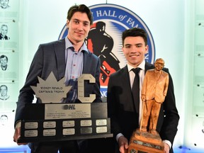 Guelph Storm's Isaac Ratcliffe, left, and Nick Suzuki at the 2018-19 OHL Awards Ceremony at the Hockey Hall of Fame in Toronto on Wednesday June 5, 2019. (Photo by Aaron Bell/CHL Images)