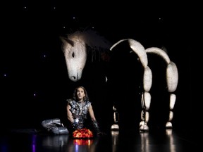 Qasim Khan (centre) as Atreyu and Andrew Robinson as Artax the Horse in The Neverending Story. (Emily Cooper/Stratford Festival)