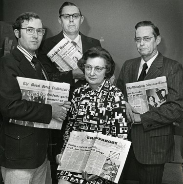 David Wenger, publisher of the Mount Forest Confederate, Robert Wenger, publisher of the Listowel Banner, Jean Wenger, composing room chief and Barry Wenger, publisher of the Wingham Advance-Times, 1974. (London Free Press files)