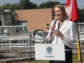 Kate Young, Liberal MP for London West, speaks at London's Greenway Wastewater Treatment Centre, where she announced the doubling of the city's gas tax fund this year. Among other projects, the money will be used to install a new engine at the plant that will generate energy from waste, reducing the plant's electricity bill by about $600,000 a year. (JONATHAN JUHA, The London Free Press)