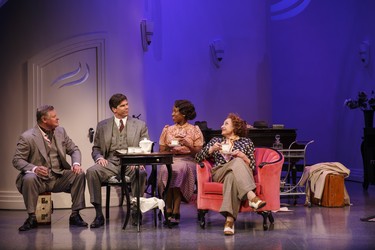 From left: Geraint Wyn Davies as Elyot Chase, Mike Shara as Victor Prynne, Sophia Walker as Sibyl Chase and Lucy Peacock as Amanda Prynne in Private Lives.