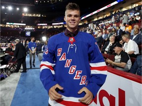 Hunter Skinner reacts after being selected 112nd overall by the New York Rangers during the 2019 NHL Draft at Rogers Arena on June 22, 2019 in Vancouver, Canada.