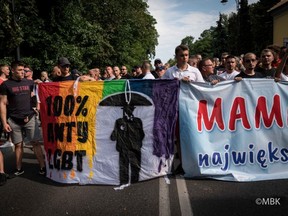Anti-LGBT protesters demonstrate during the first Pride Parade in the city of Bialystok, Poland July 20, 2019 in this picture obtained from social media July 21, 2019. Magda Bogdanowicz/Facebook/via Reuters
