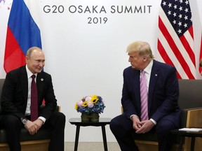 Russian President Vladimir Putin and US President Donald Trump hold a meeting on the sidelines of the G20 summit in Osaka on June 28, 2019. (Photo by Mikhail KLIMENTYEV / SPUTNIK / AFP)MIKHAIL KLIMENTYEV/AFP/Getty Images