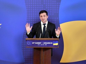 Ukrainian President Volodymyr Zelensky gestures as he speaks during a press conference on the outcome of the Ukraine-EU summit in Kiev on July 8, 2019. (Photo by Sergei SUPINSKY / AFP)SERGEI SUPINSKY/AFP/Getty Images