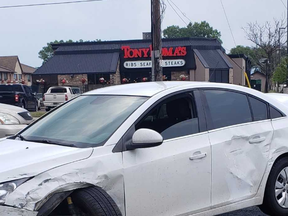 A London man says his three children, ages 5, 6 and 11, were in the backseat of his car on Sunday, July 28, 2019, when it collided with an OPP SUV on Wellington Road, south of Southdale Road. Nobody was hurt. (Supplied photo)