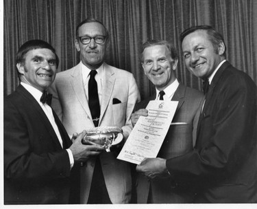 L to R: Johnny Wayne, Cliff Wingrove (CFPL TV) Alan Cass (CAS dept. director, who conceived and wrote the commercial), Frank Shuste. (Supplied by reader Mark Cass)r