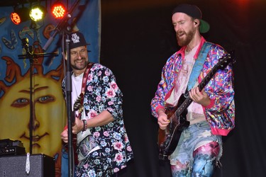 Five Alarm Funk guitarists Oliver Gibson and Gabe Boothroyd are crowd-pleasers at Sunfest Sunday night. (BARBARA TAYLOR, The London Free Press)