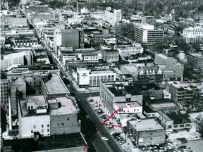 Aerial of view of Dundas Street downtown, looking west, 1961, when the downtown was in its heyday. (London Free Press files)