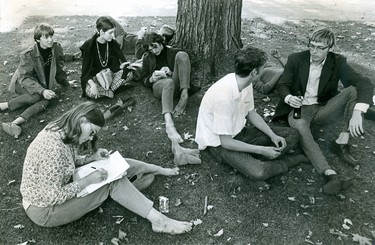 This group of hippies at Victoria Park plan a stay in until their coffee house is open, October 1967. (London Free Press files)