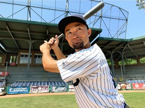 Through nine games, 29-year-old London Majors second baseman Yuki Yasuda, of Japan, is hitting .455 in 33 at bats with 15 hits, 11 runs, nine RBI and seven walks (Paul Vanderhoeven/The London Free Press)
