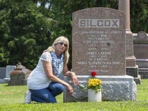 Andrea Silcox's father James Silcox was murdered by Elizabeth Wettlaufer. She is seen here at Hillview Cemetery in Woodstock. (Derek Ruttan/The London Free Press)