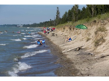 High water levels have swallowed almost all of the dog beach at Pinery Provincial Park on Wednesday. At some areas only two metres separate the water from the bank. (Derek Ruttan/The London Free Press)