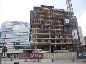 Old Oak Properties' 32-storey, 175-unit highrise at 515 Richmond St. is underway and many more highrises are planned for downtown by various developers. (Derek Ruttan/The London Free Press)