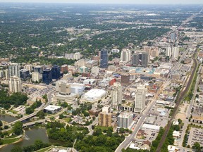 Downtown core from southwest looking northeast in London, Ont.  Aerial photograph taken on Tuesday July 9, 2019.  Mike Hensen/The London Free Press/Postmedia Network