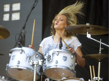 Hayley Cramer, drummer of the band Pop Evil, performs Thursday July 11, 2019 at the Rock the Park in Harris Park.  Mike Hensen/The London Free Press