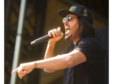 Leigh Kakaty, lead vocalist of the band Pop Evil, performs Thursday, July 11, 2019 at the Start.ca Rock the Park in Harris Park.  Mike Hensen/The London Free Press