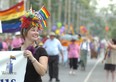 Greta Bauer of London wore her version of the facinator in honour of the royal wedding when she participated in the 17th annual Pride London Festival parade held on Sunday July 24, 2011 in London.  (File photo)